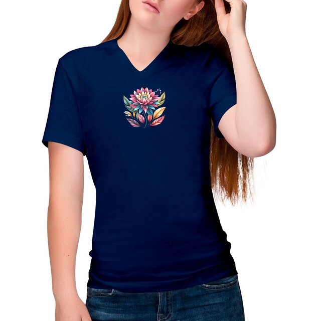 Image front T-shirt bio Femme Col V, t-shirt femme fleur imprimée
