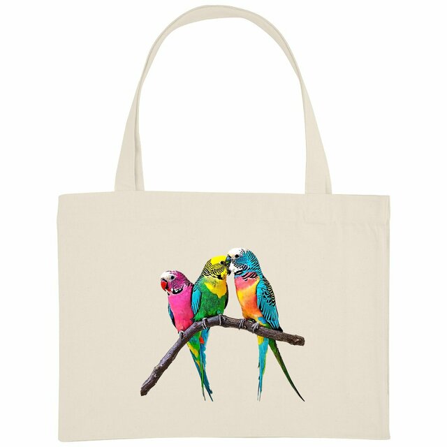 Image back Shopping bag, sac de plage écoresponsable, imprimé 3 perruches
