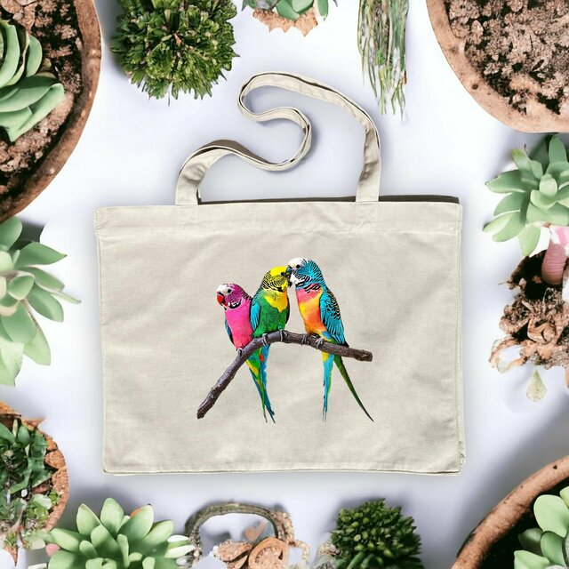 Image front Shopping bag, sac de plage écoresponsable, imprimé 3 perruches