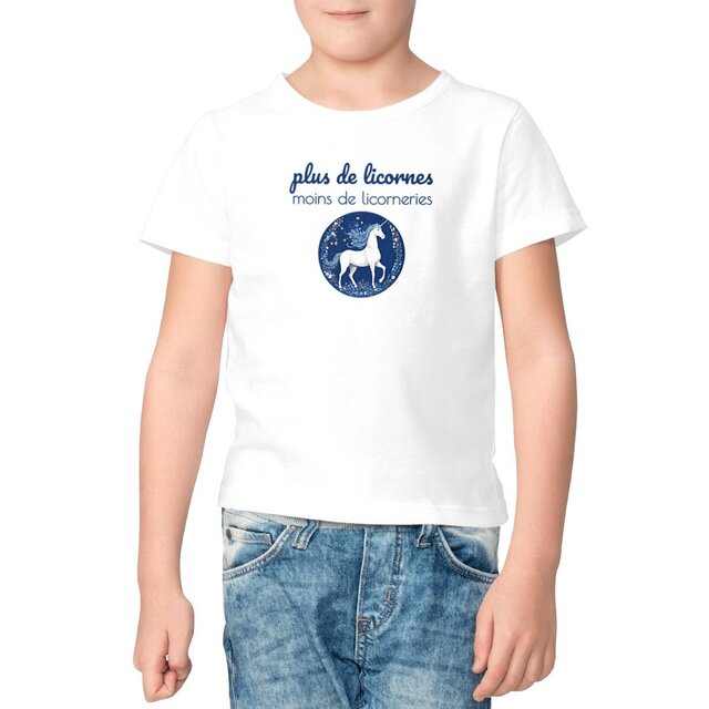 Image front T-shirt Enfant coton biologique - Plus de licornes, moins de licorneries, licorne imprimée