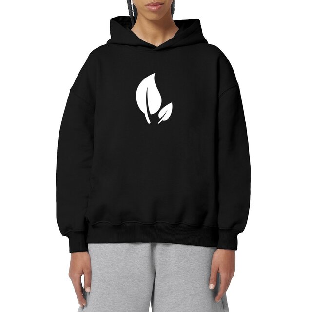 Image front Sweat à capuche Unisexe Oversized et écoresponsable. Feuilles blanches imprimées