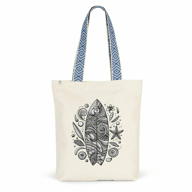 Image back Totebag ethnique en coton/polyester recyclés. Planche de surf imprimée en France à la demande