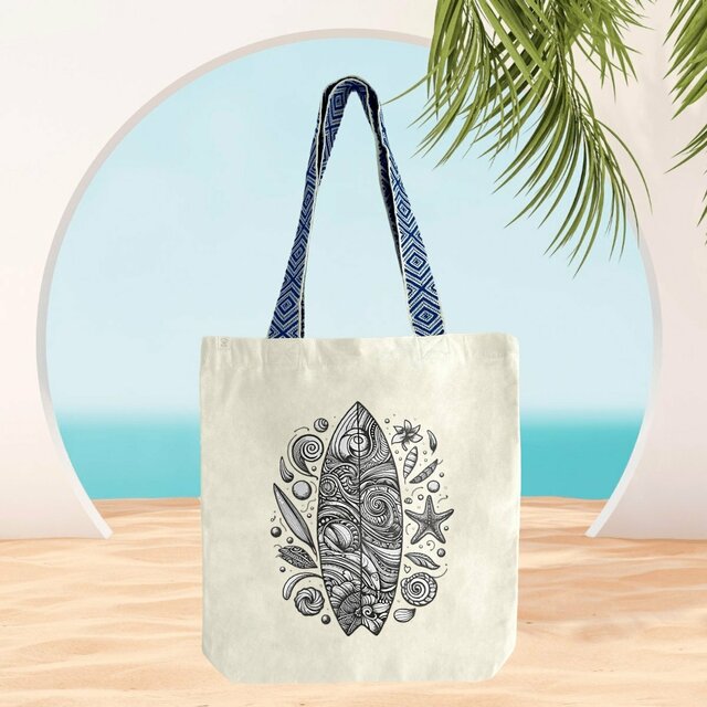 Image front Totebag ethnique en coton/polyester recyclés. Planche de surf imprimée en France à la demande