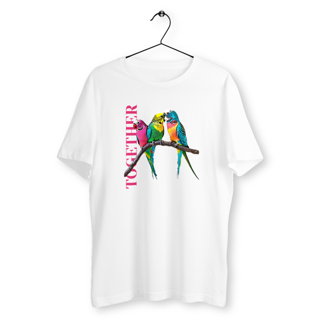 Image back T-shirt Unisexe coton en conversion biologique. Pour le vivre ensemble. 3 perruches