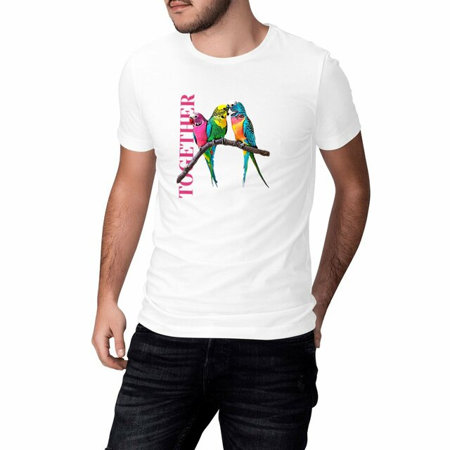 Image front T-shirt Unisexe coton en conversion biologique. Pour le vivre ensemble. 3 perruches