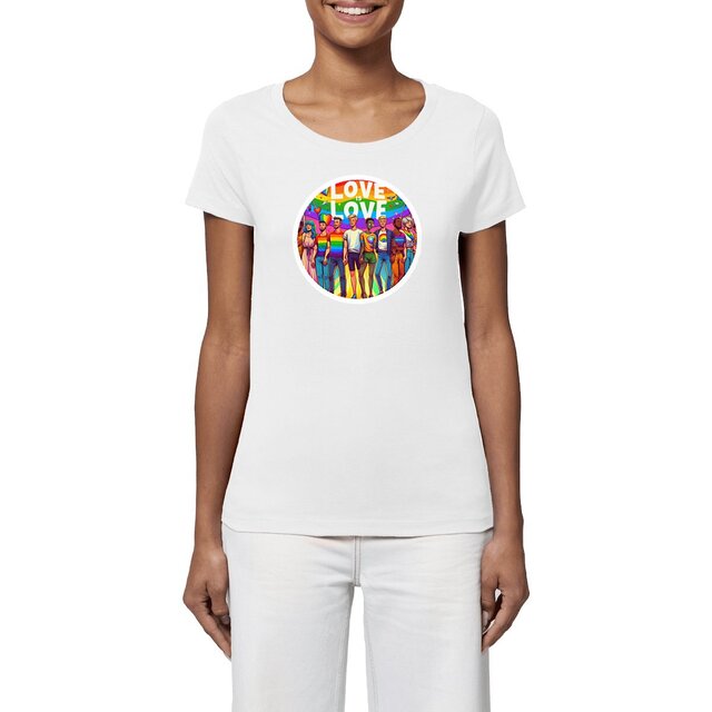 Image front T-shirt Femme coton biologique. Love is love imprimé sur le devant.