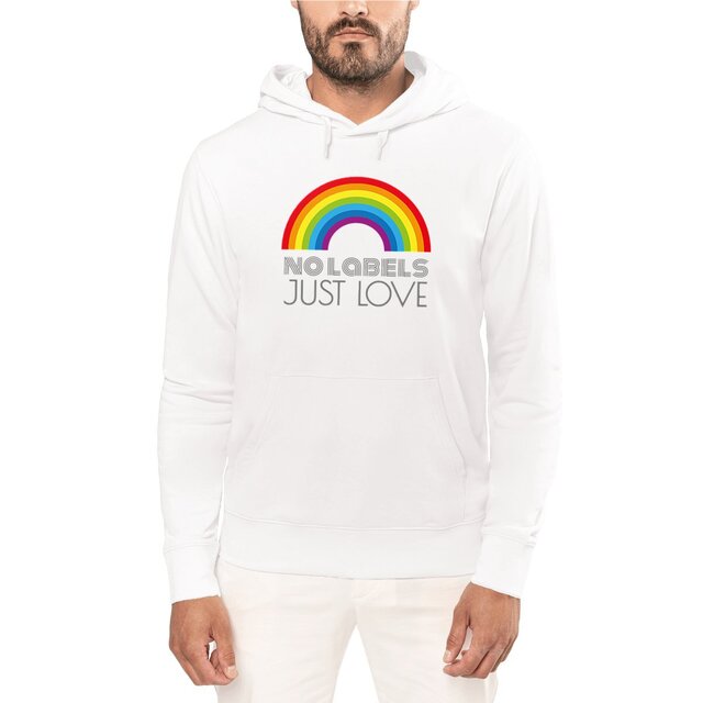 Image front Sweat à capuche LGBT Unisexe - No Labels, Just Love.