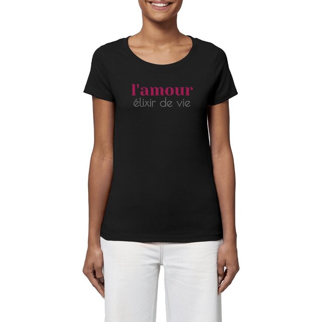 Image front T-shirt Femme certifié Végan. T-shirt écologique 100% coton. L'amour, élixir de vie.