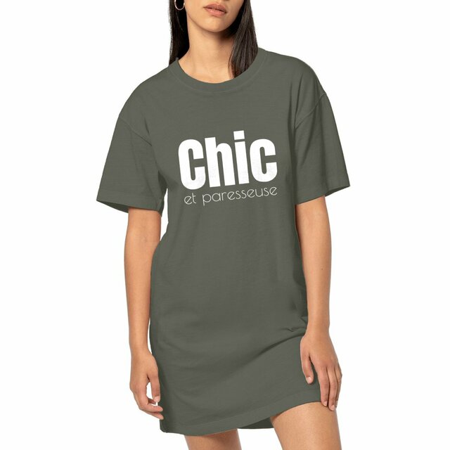 Image front Robe T-shirt en coton biologique. Chic et paresseuse. Imprimée à la demande en France dans le Gard
