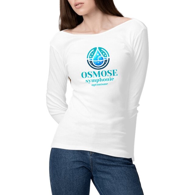 Image front T-shirt végan pour femme manches longues. Osmose, symphonie, optimisme. 100% coton biologique