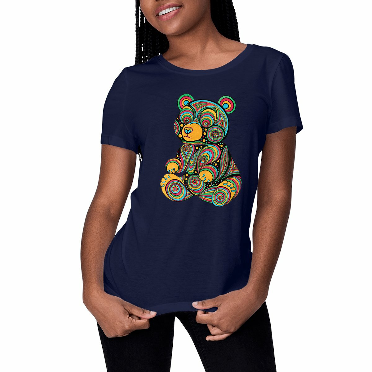 Image front T-shirt femme ourson dessiné à la main en coton biologique