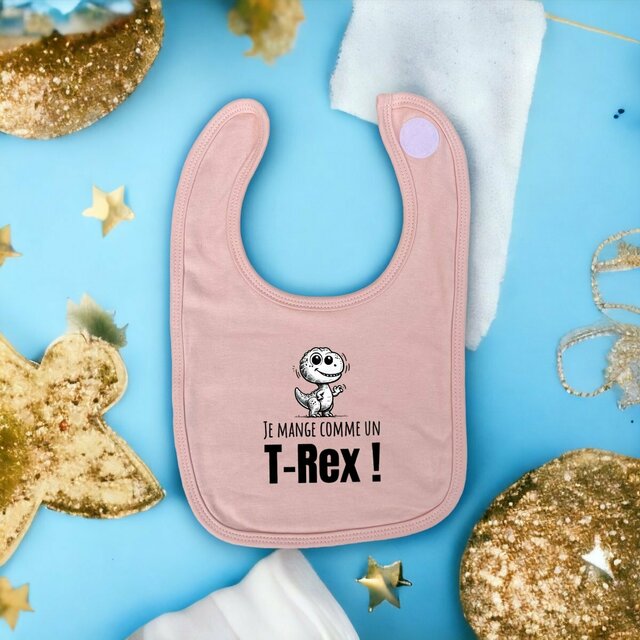 Image front Bavoir bébé durable en coton biologique. Je mange comme un T-Rex ! Imprimé en France