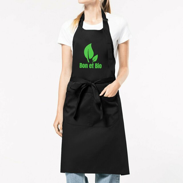 Image front Tablier de cuisine top qualité en coton biologique. Slogan original : Bon et Bio