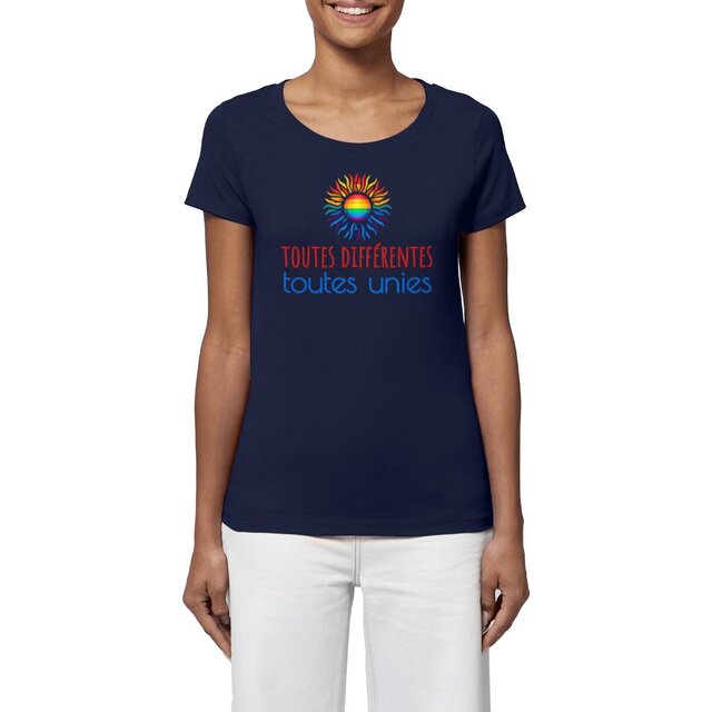 Image front T-shirt Femme végan, durable et écoresponsable. Toutes différentes, toutes unies