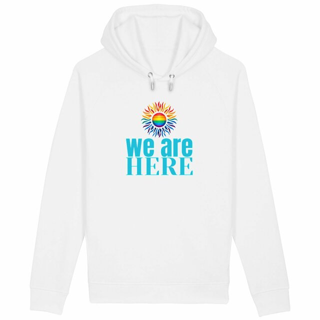Image back Sweat à capuche végan avec poches latérales. Sweat LGBTQIA. Were are here.