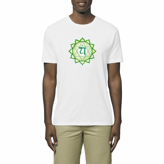 Image front T-shirt végan unisexe. Chakra du cœur imprimé. Dessin à la main.