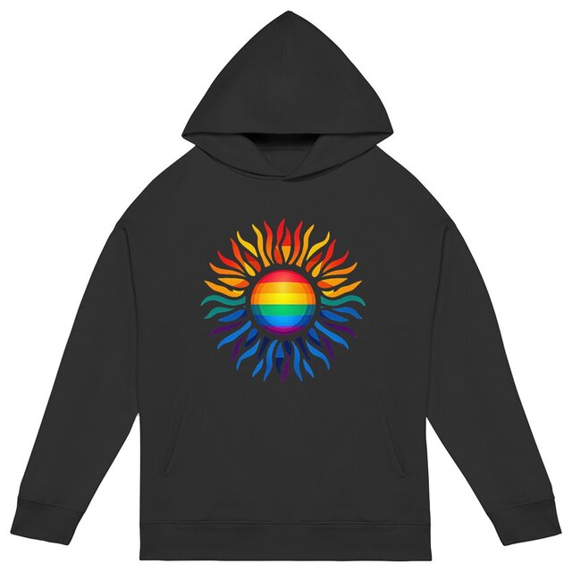 Image back Sweat à capuche écoresponsable unisexe oversized. Soleil LGBTQIA imprimé