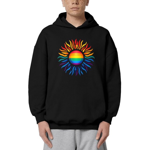 Image front Sweat à capuche écoresponsable unisexe oversized. Soleil LGBTQIA imprimé