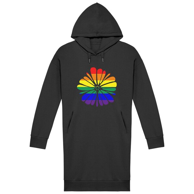Image back Robe végan sweat à capuche pour femme. Coupe moderne avec fleur LGBTQIA+ imprimée en France