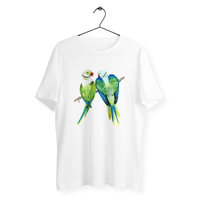 Image back T-shirt unisexe léger. 2 Perruches imprimées en France. T-shirt écoresponsable coton bio