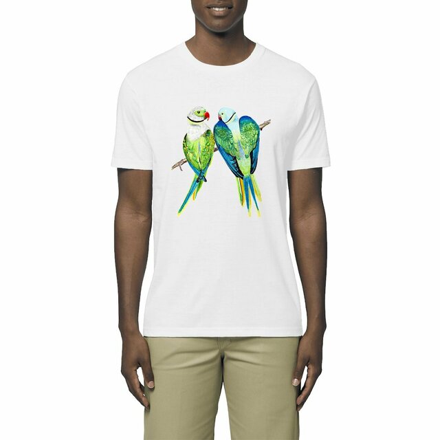 Image front T-shirt unisexe léger. 2 Perruches imprimées en France. T-shirt écoresponsable coton bio
