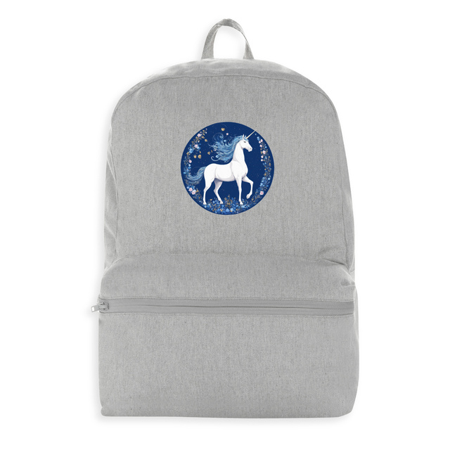 Image front Sac à dos 100 % recyclé Licorne. Impression Licorne. Imprimée à la demande en France