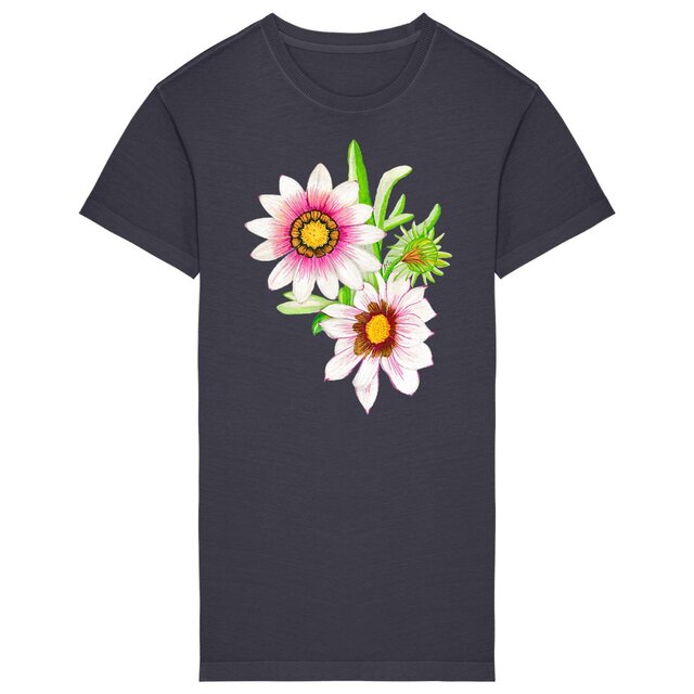 Image back Robe T-shirt durable pour femme. 100% coton biologique. Imprimé en France. Fleur Gazania