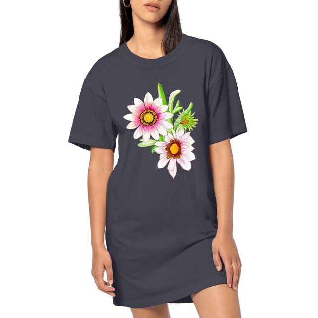 Image front Robe T-shirt durable pour femme. 100% coton biologique. Imprimé en France. Fleur Gazania