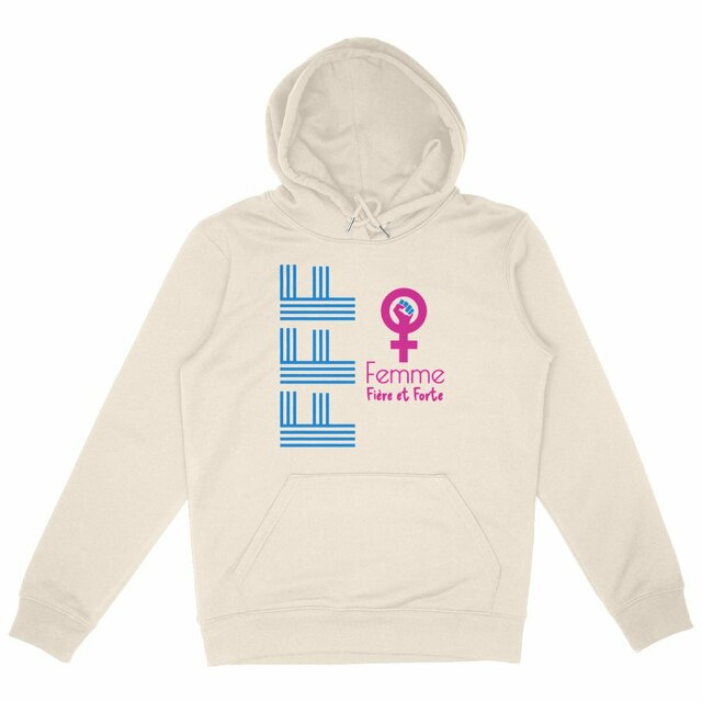 Image back Pull féministe écoresponsable à capuche. Femme, Fière et Forte