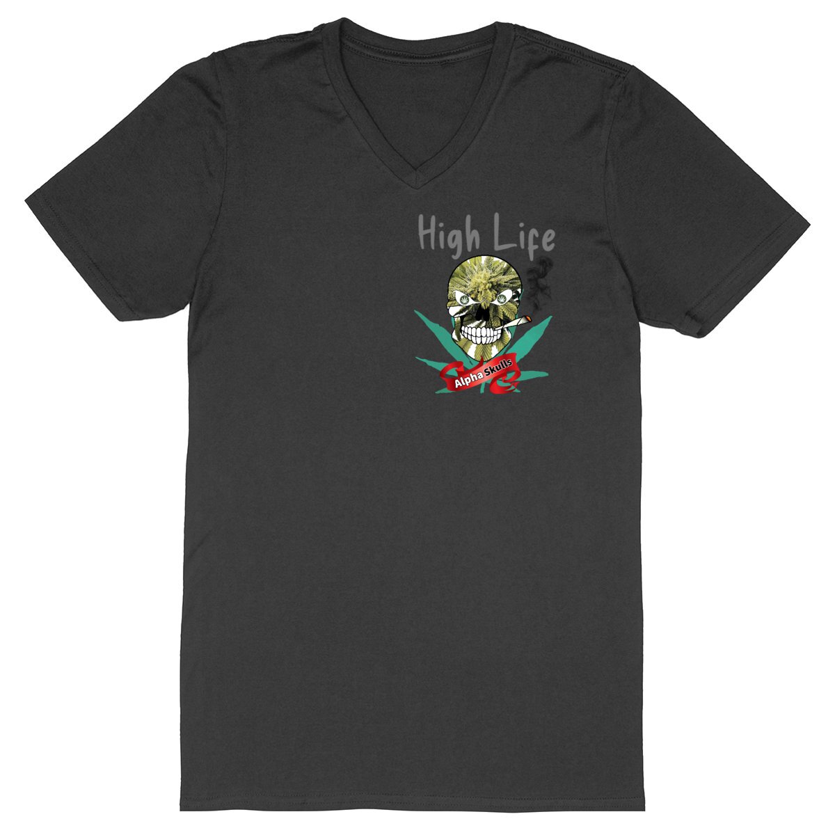 Image back Men's - HIGH LIFE - V-Neck T-Shirt - White Widow Bud Skull with Cannabis Leaves Smoking