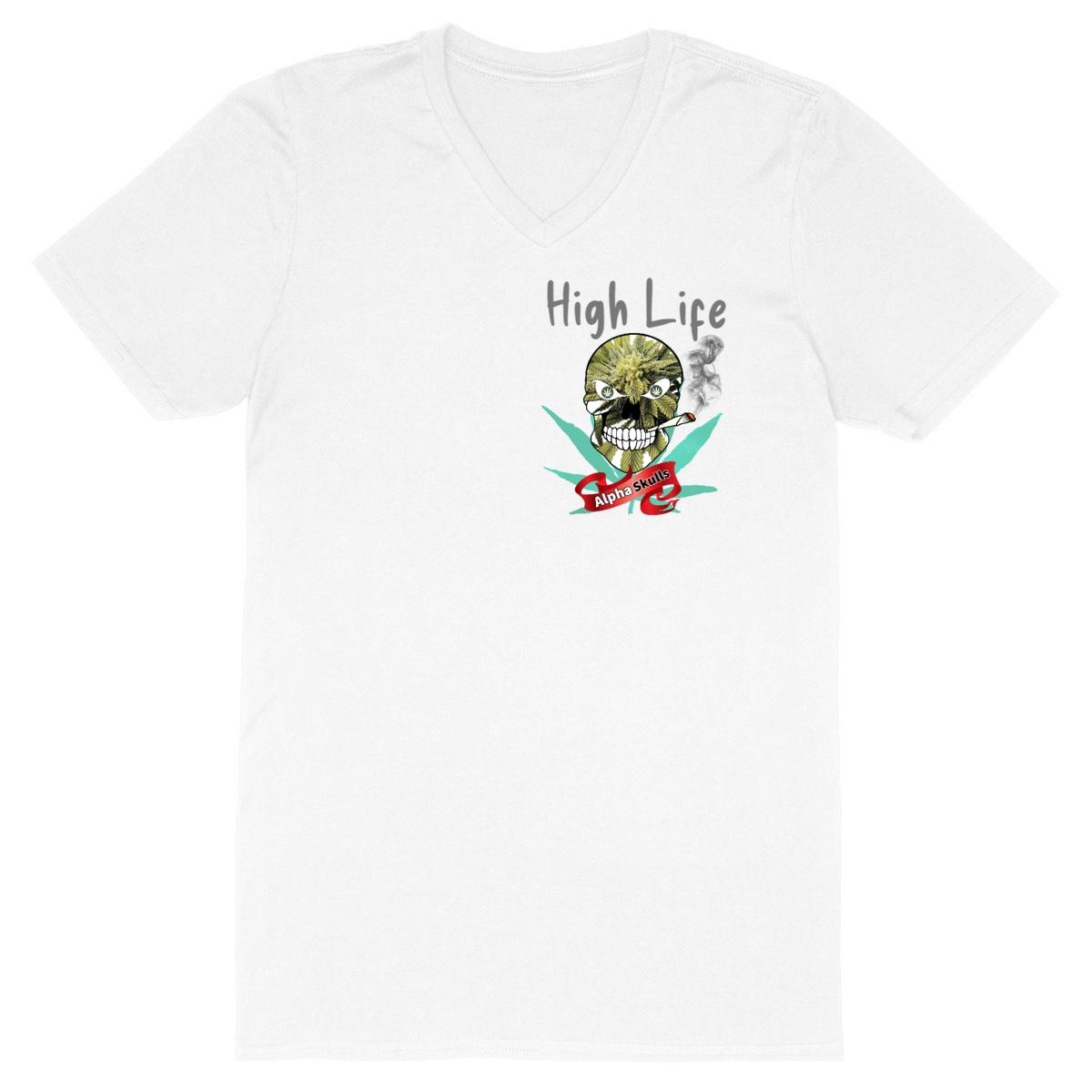 Image front Men's - HIGH LIFE - V-Neck T-Shirt - White Widow Bud Skull with Cannabis Leaves Smoking