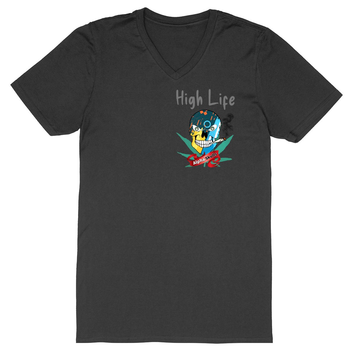 Image back Men's - HIGH LIFE - V-Neck T-Shirt - Abstract 2 Skull with Cannabis Leaves Smoking a Joint