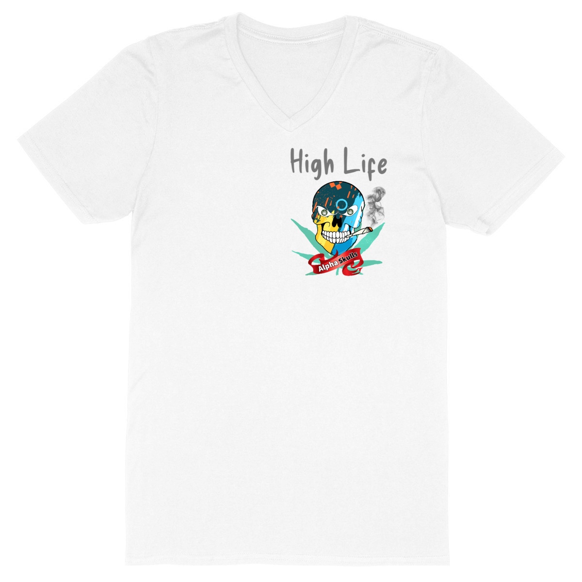 Image front Men's - HIGH LIFE - V-Neck T-Shirt - Abstract 2 Skull with Cannabis Leaves Smoking a Joint