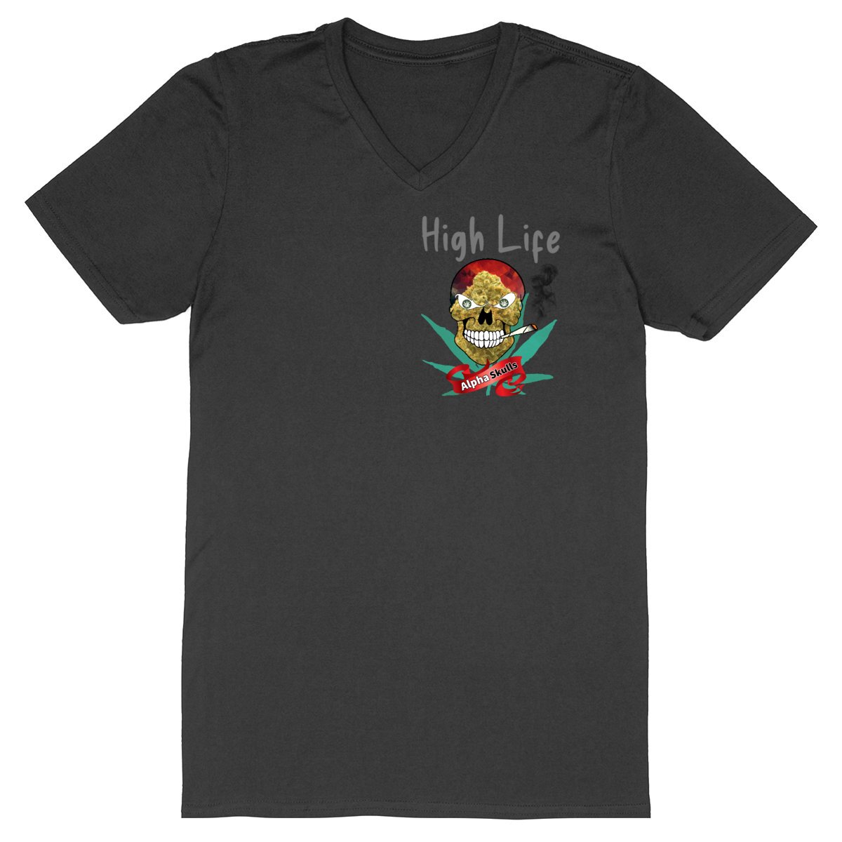 Image back Men's - HIGH LIFE - V-Neck T-Shirt - O.G Kush Skull with Cannabis Leaves Smoking