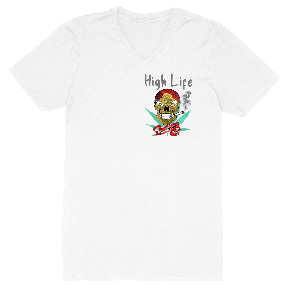 Image front Men's - HIGH LIFE - V-Neck T-Shirt - O.G Kush Skull with Cannabis Leaves Smoking