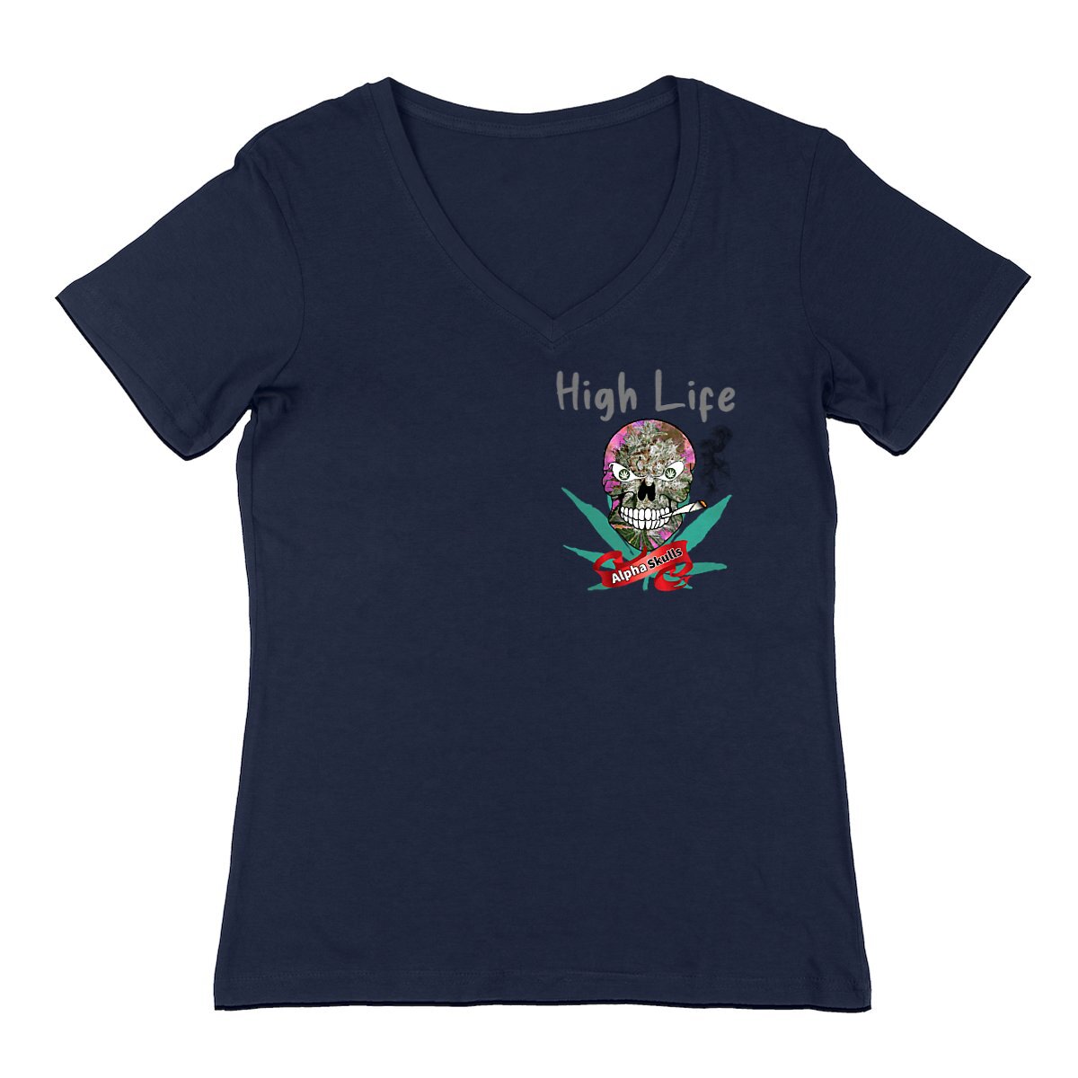 Image front Women's - HIGH LIFE - V-Neck T-Shirt - White Widow Pink Smoke Skull