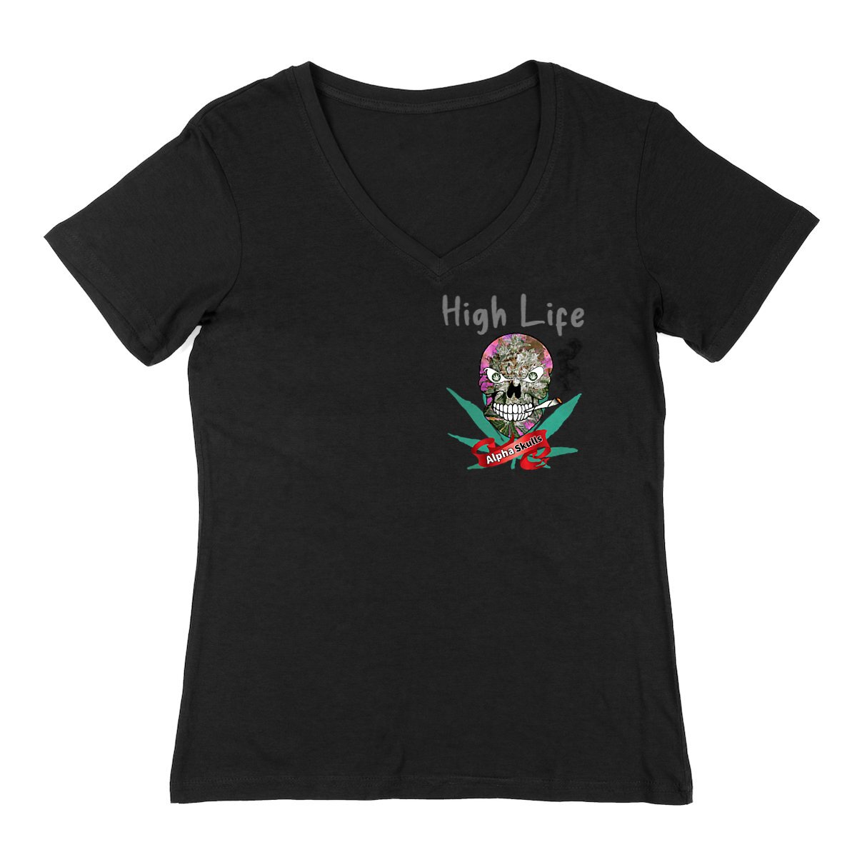 Image back Women's - HIGH LIFE - V-Neck T-Shirt - White Widow Pink Smoke Skull