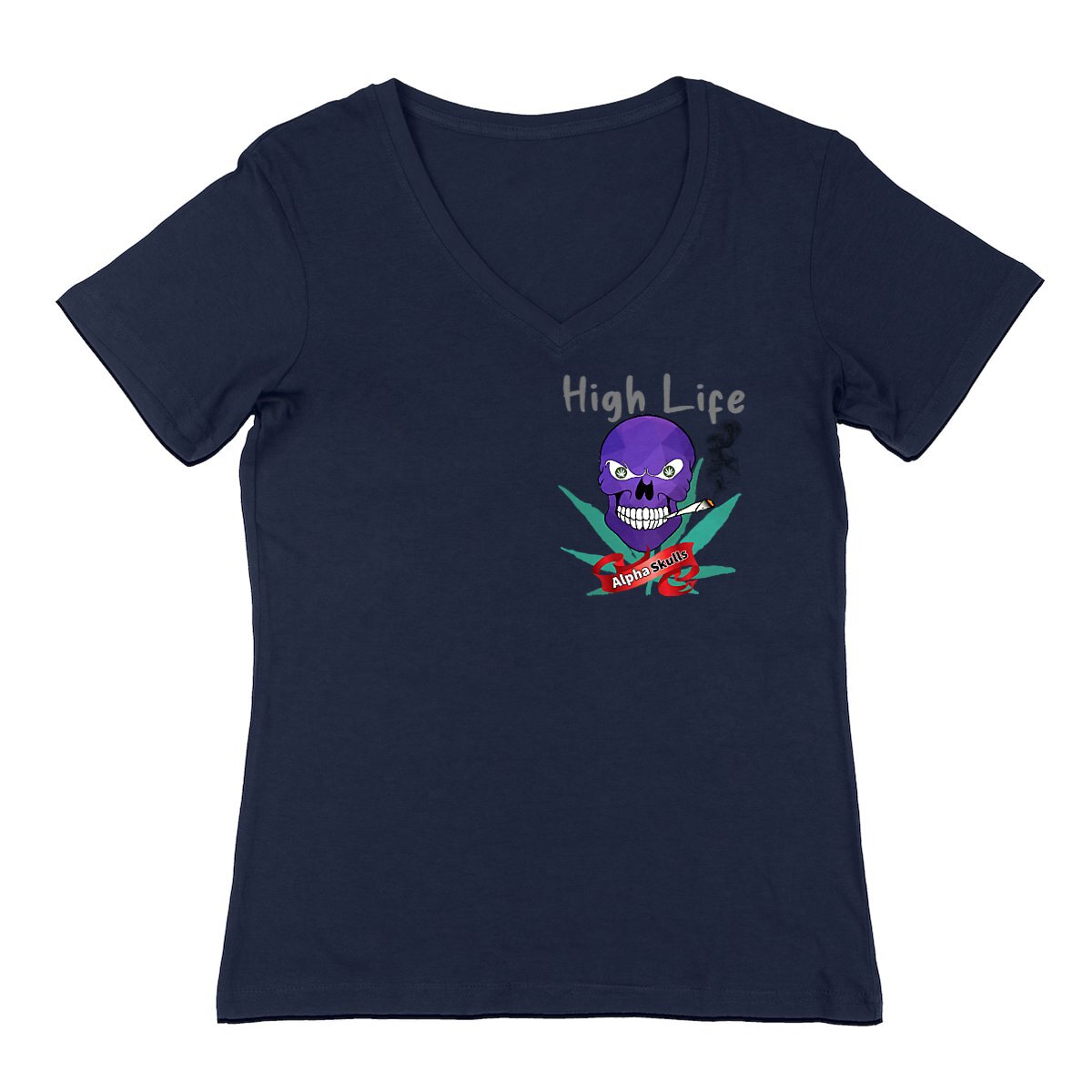 Image front Women's - HIGH LIFE - V-Neck T-Shirt - Shades of Purple Skull with Cannabis Leaves Smoking