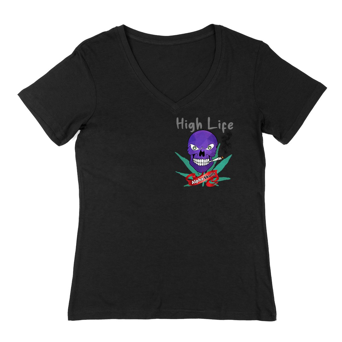 Image back Women's - HIGH LIFE - V-Neck T-Shirt - Shades of Purple Skull with Cannabis Leaves Smoking