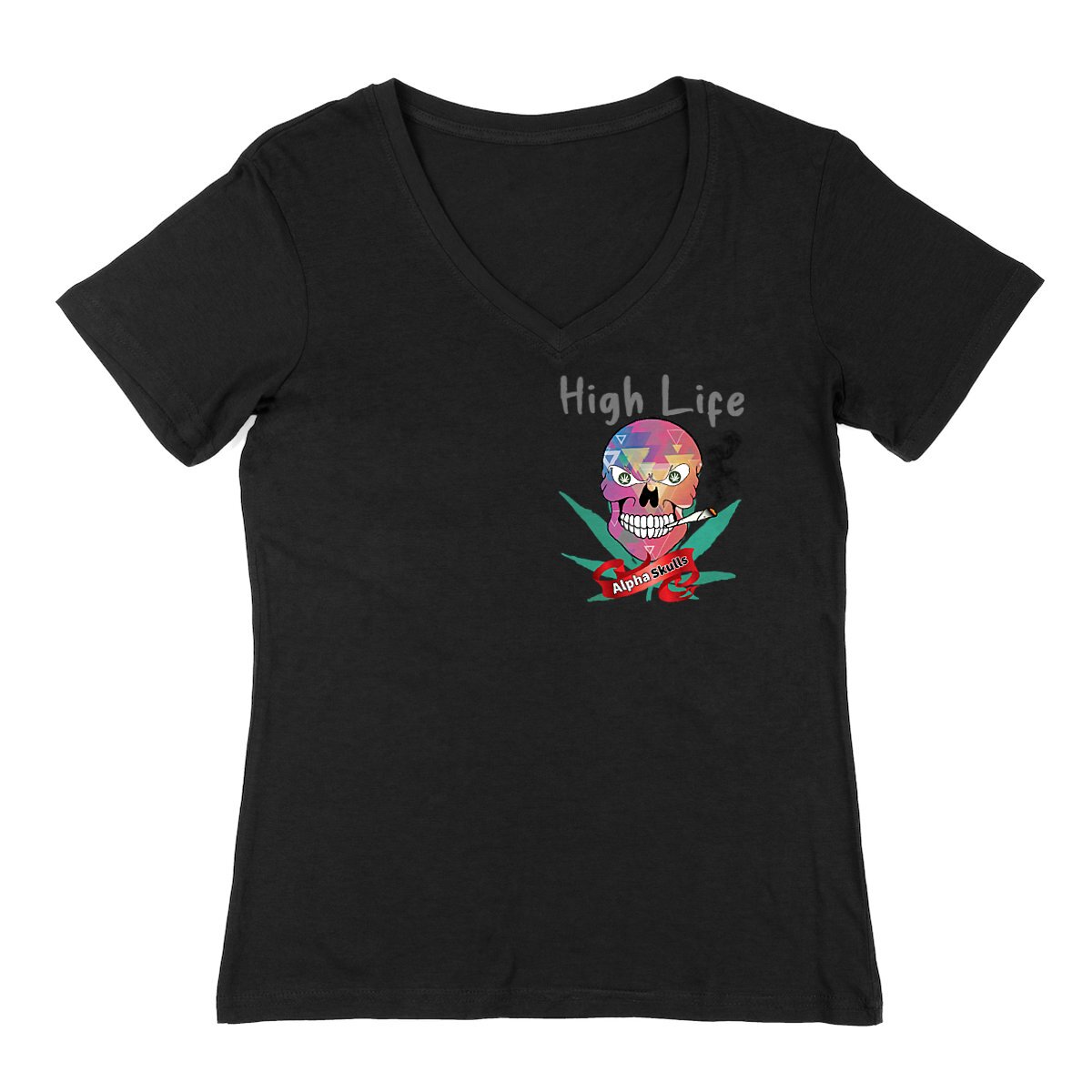 Image back Women's - HIGH LIFE - V-Neck T-Shirt - Abstract Triangles Pink Purple Skull