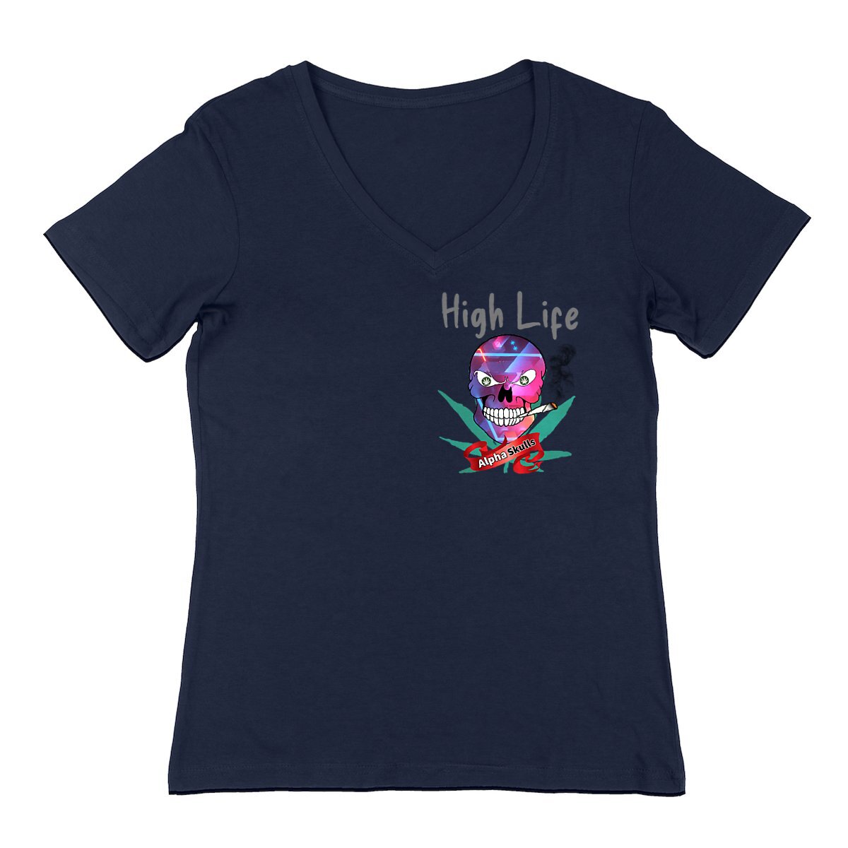 Image front Women's - HIGH LIFE - V-Neck T-Shirt - Purple Abstract Skull with Cannabis Leaves Smoking 