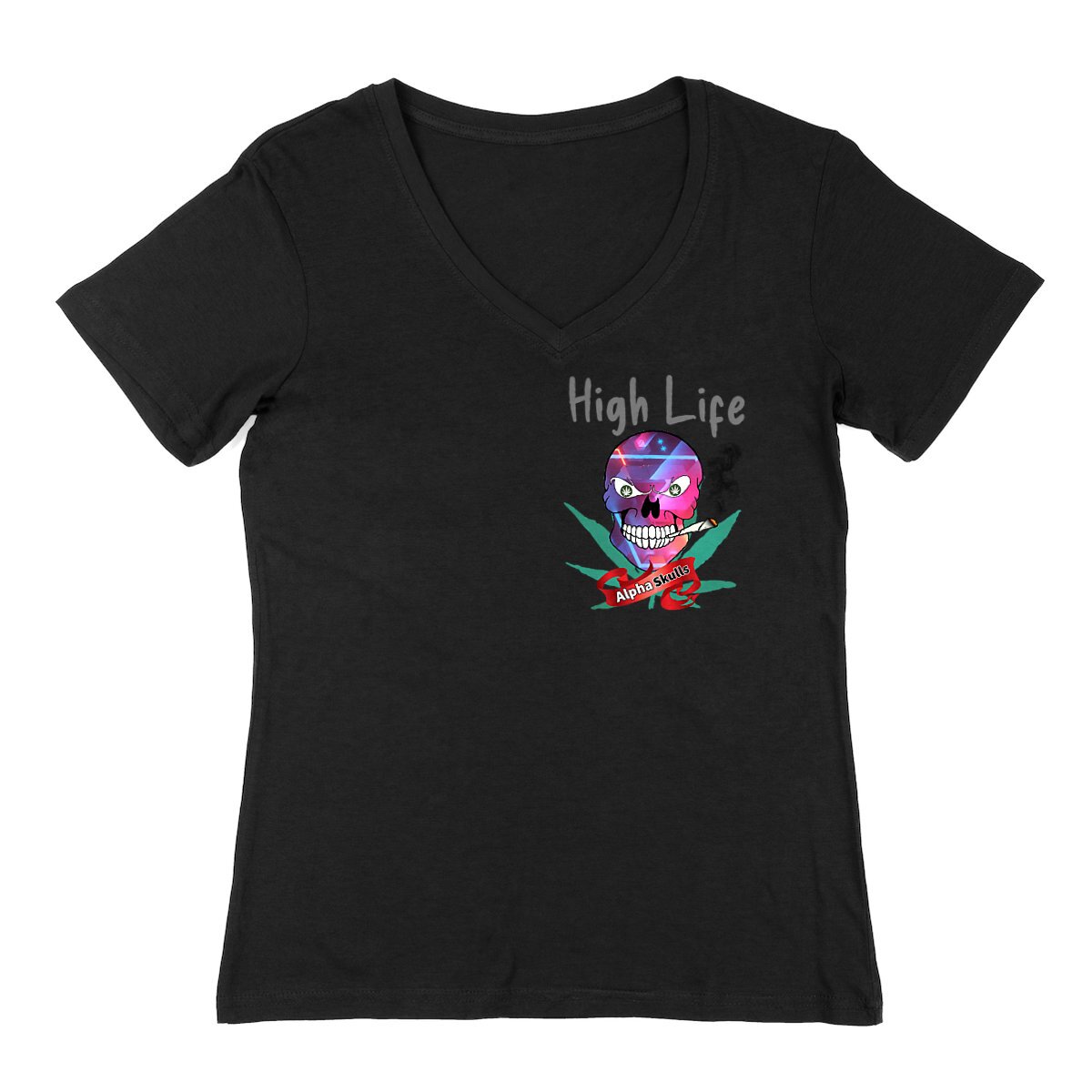 Image back Women's - HIGH LIFE - V-Neck T-Shirt - Purple Abstract Skull with Cannabis Leaves Smoking 