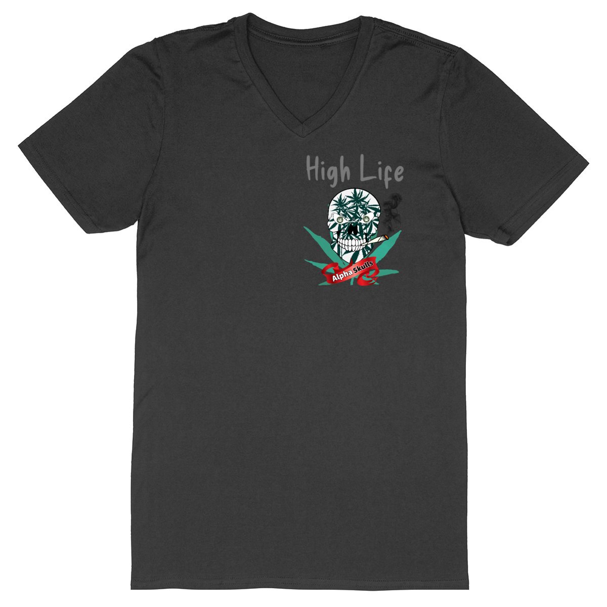 Image back Men's - HIGH LIFE - V-Neck T-Shirt - White Skull with Cannabis Leaves Smoking a Joint 