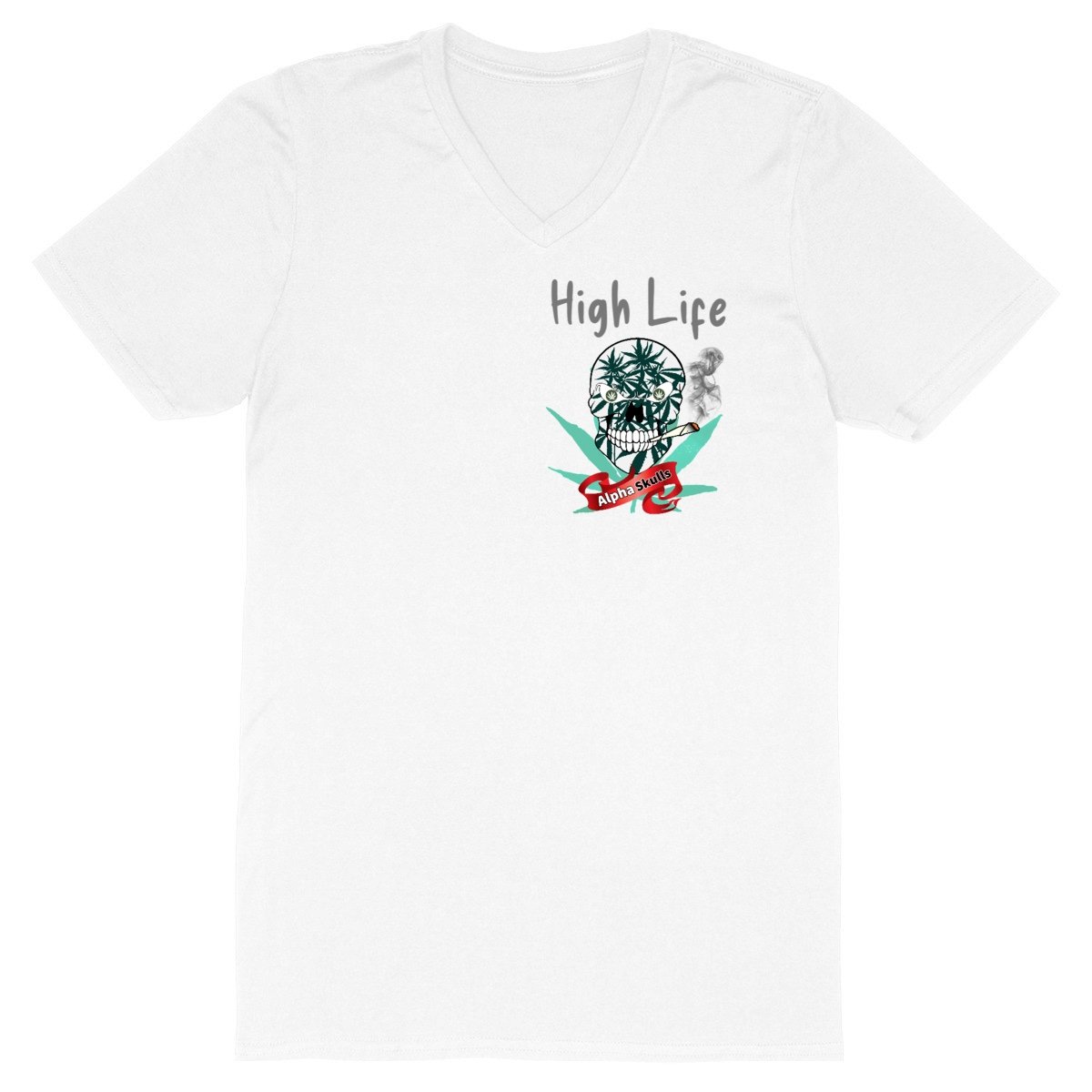 Image front Men's - HIGH LIFE - V-Neck T-Shirt - White Skull with Cannabis Leaves Smoking a Joint 