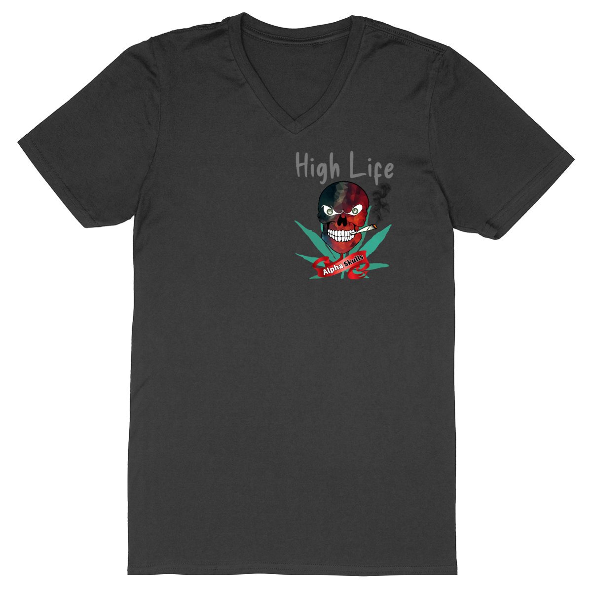 Image back Men's - HIGH LIFE - V-Neck T-Shirt - Black/Red Skull with Cannabis Leaves Smoking a Joint