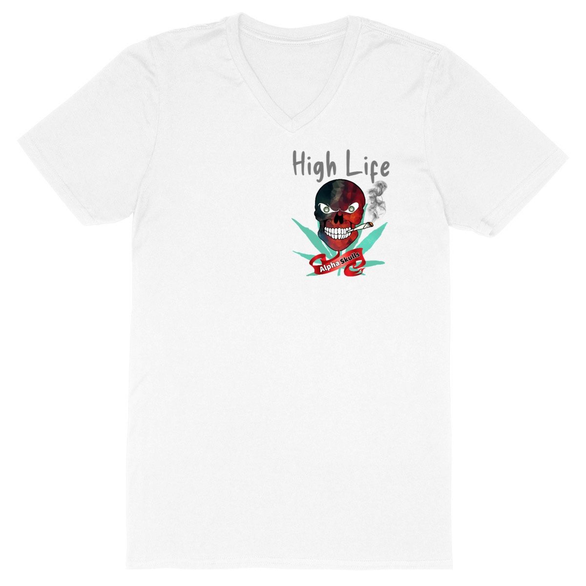 Image front Men's - HIGH LIFE - V-Neck T-Shirt - Black/Red Skull with Cannabis Leaves Smoking a Joint