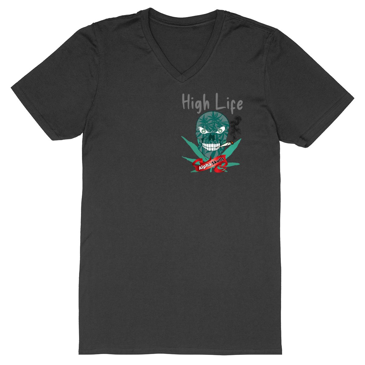 Image back Men's - HIGH LIFE - V-Neck T-Shirt - Grey Skull with Cannabis Leaves Smoking a Joint