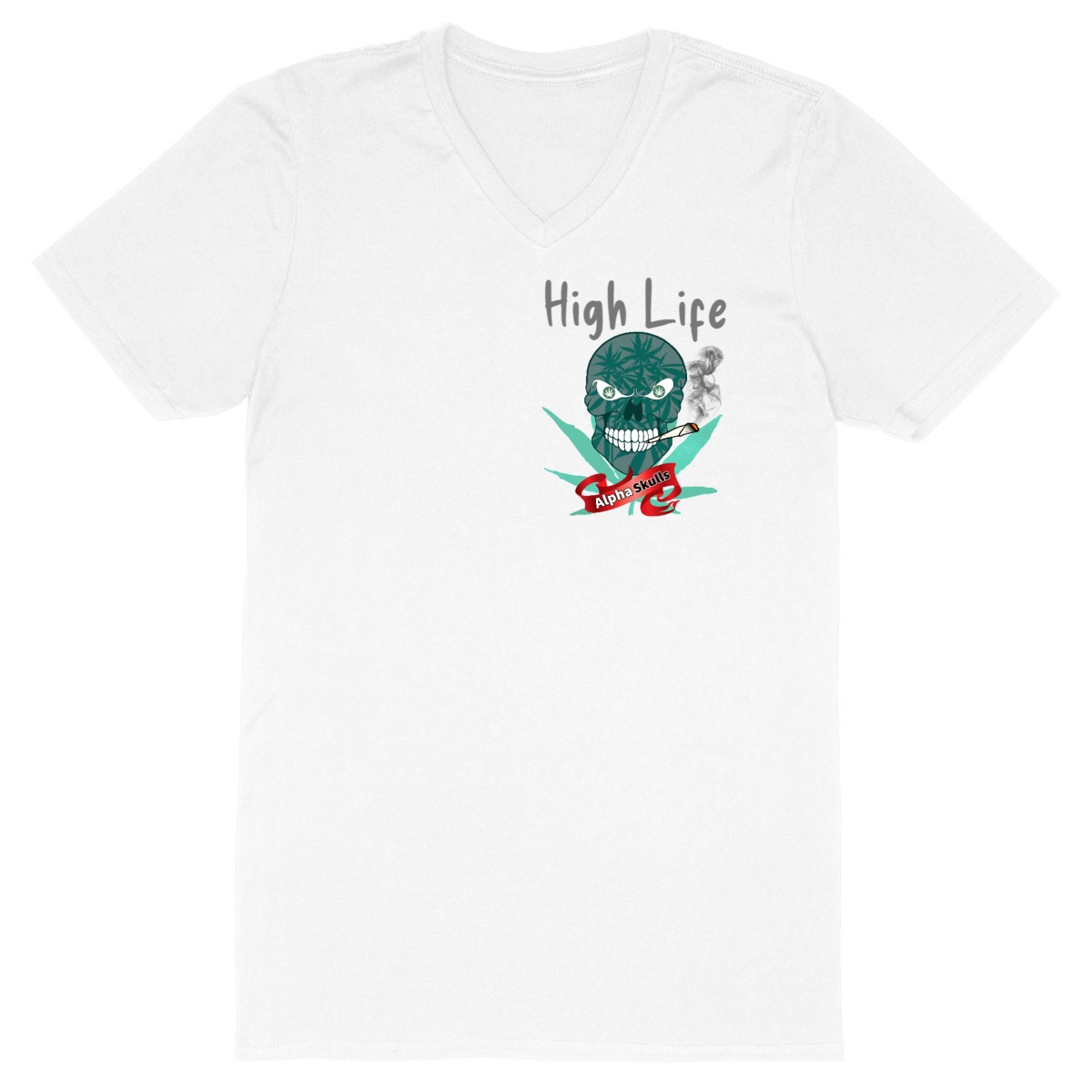 Image front Men's - HIGH LIFE - V-Neck T-Shirt - Grey Skull with Cannabis Leaves Smoking a Joint