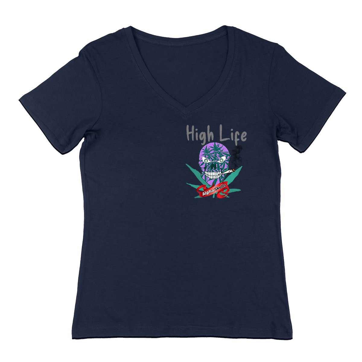 Image back Women's - HIGH LIFE - V-Neck T-Shirt - Purple Skull with Cannabis Leaves Smoking a Joint