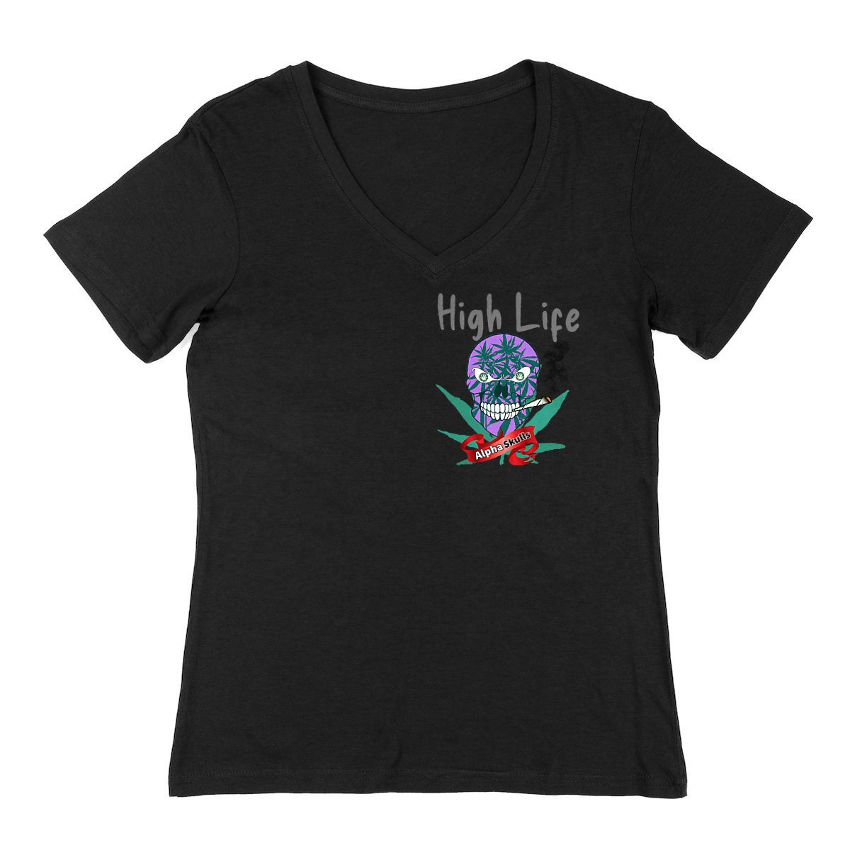 Image front Women's - HIGH LIFE - V-Neck T-Shirt - Purple Skull with Cannabis Leaves Smoking a Joint